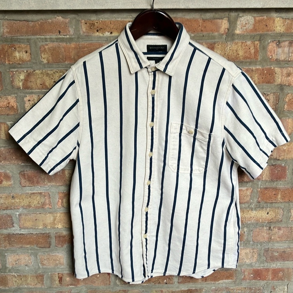 Banana Republic cream and navy blue vertical-striped shirt